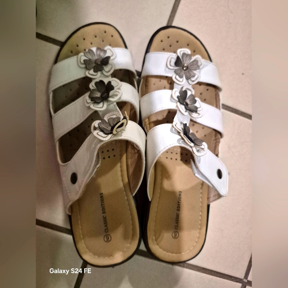 White Floral Strap Sandals Great Shape ,
